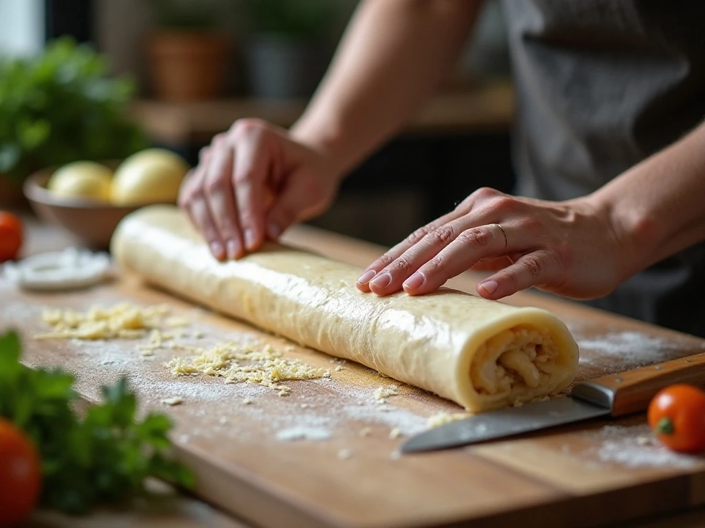 A rolled tortilla log wrapped before chilling for taco pinwheels