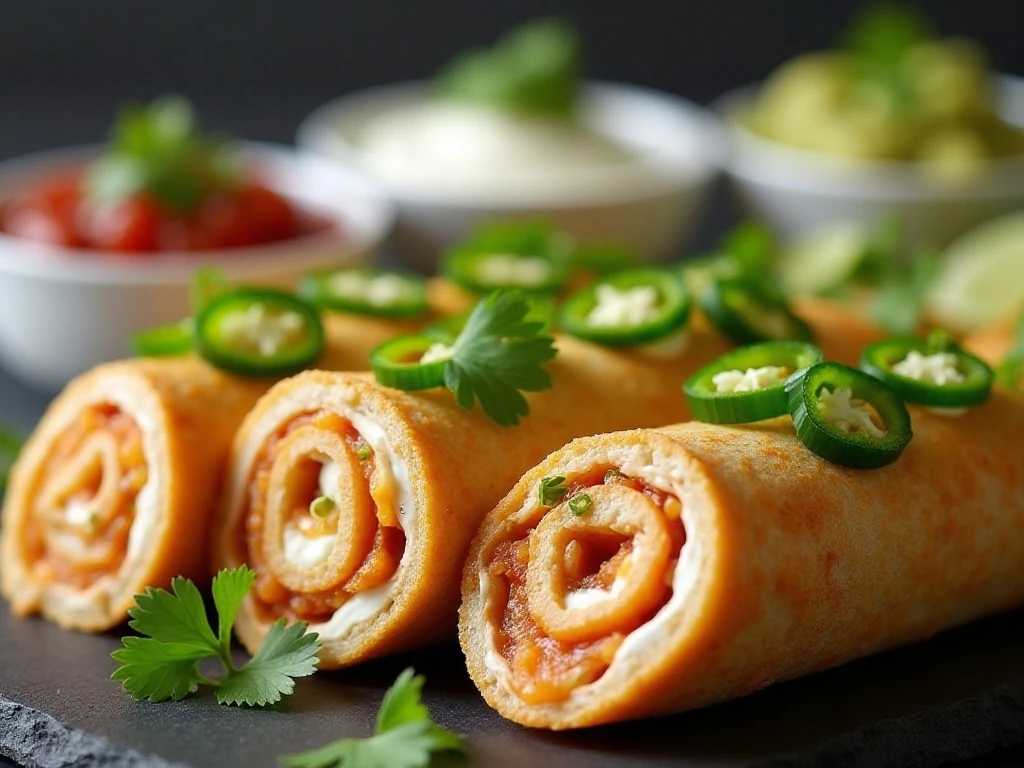 Close-up taco pinwheel slices with cilantro and dipping sauces