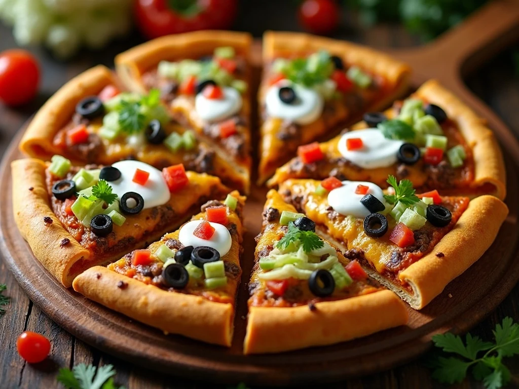 Finished easy taco pizza with beef, beans, cheese, lettuce, and tomato