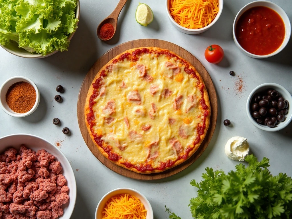 Ingredients for easy taco pizza arranged on a counter