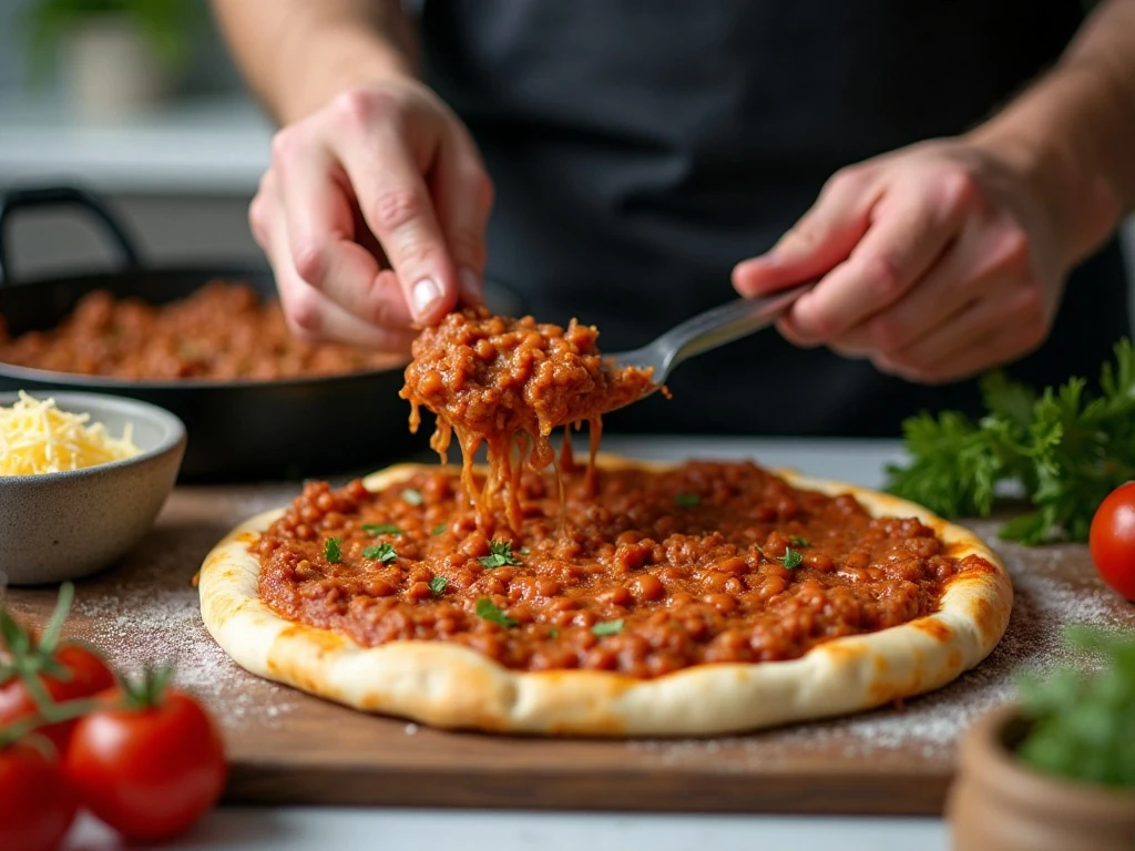 Spreading warm refried beans over prebaked taco pizza crust