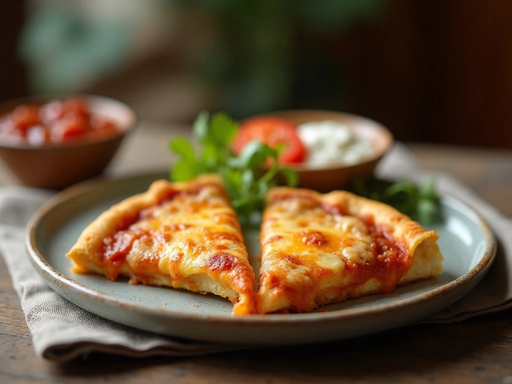 Taco pizza wedges served with salsa and sour cream