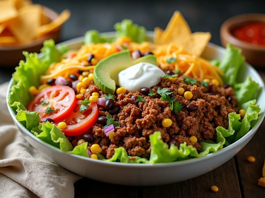 Colorful taco salad with seasoned beef, vegetables, cheese, avocado, and tortilla chips
