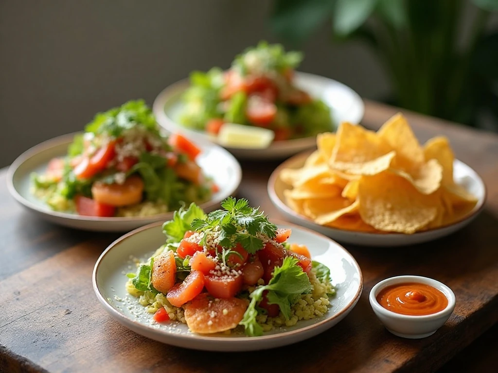 Individual taco salads ready to serve with chips and dressing on the side