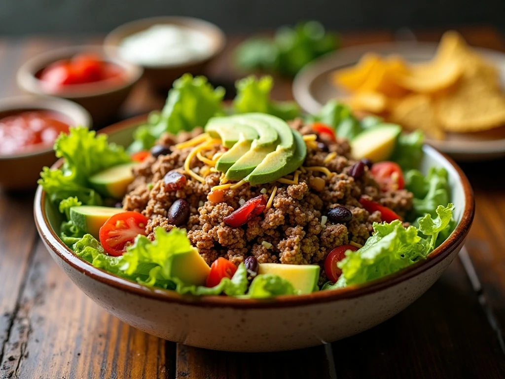 Colorful easy taco salad with seasoned beef, vegetables, cheese, avocado, and tortilla chips
