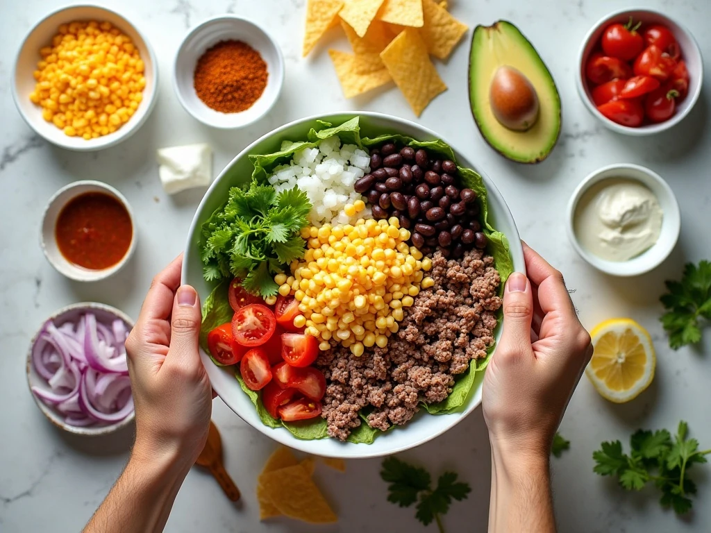 Ingredients for an easy taco salad recipe arranged in a flat lay