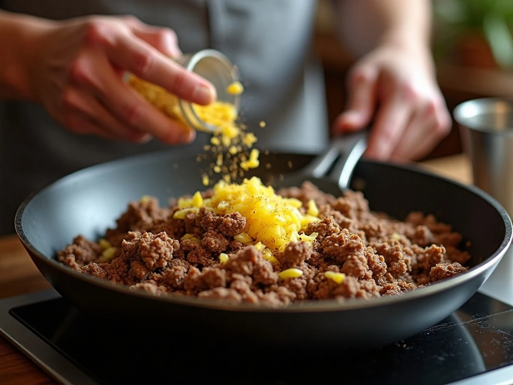 Ground beef and onion cooking in a skillet for taco salad