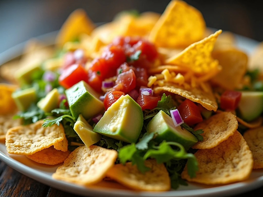 Crunchy tortilla chips and fresh toppings finishing a taco salad