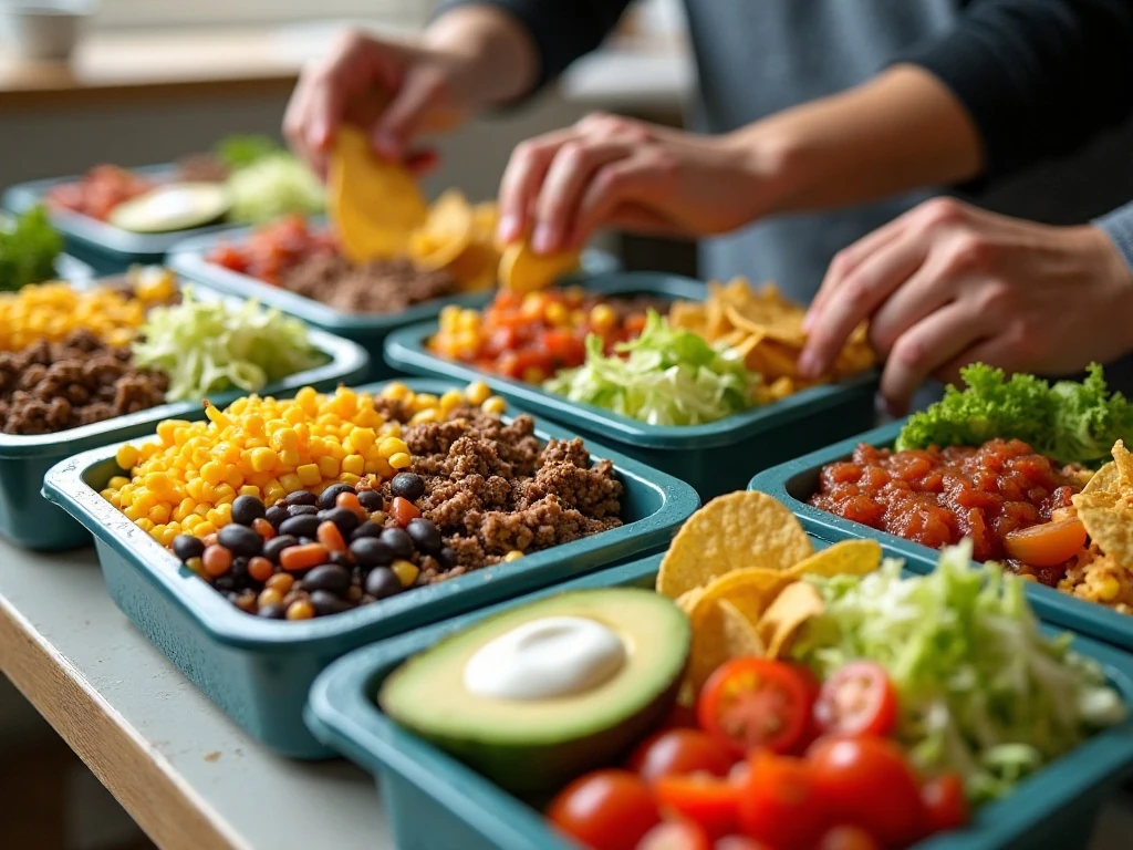 Separate taco salad components prepared for make-ahead storage