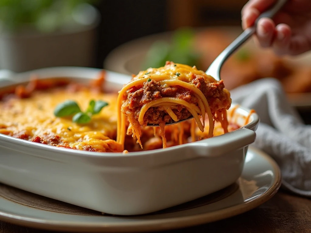 Cheesy taco spaghetti casserole served for a family dinner