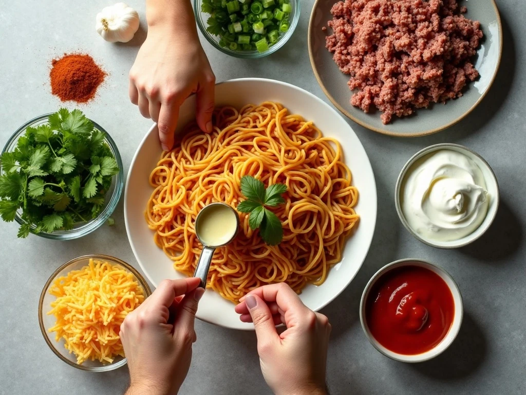 Ingredients for taco spaghetti casserole arranged on a countertop
