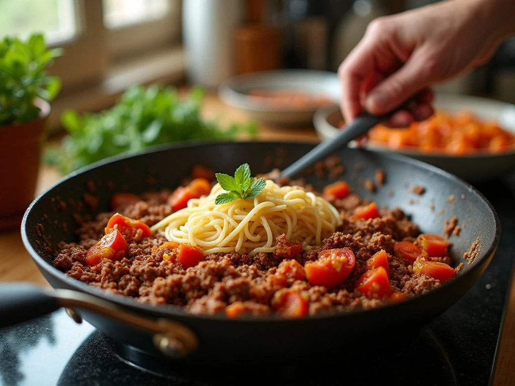 Skillet sauce and spaghetti being prepared for a taco casserole