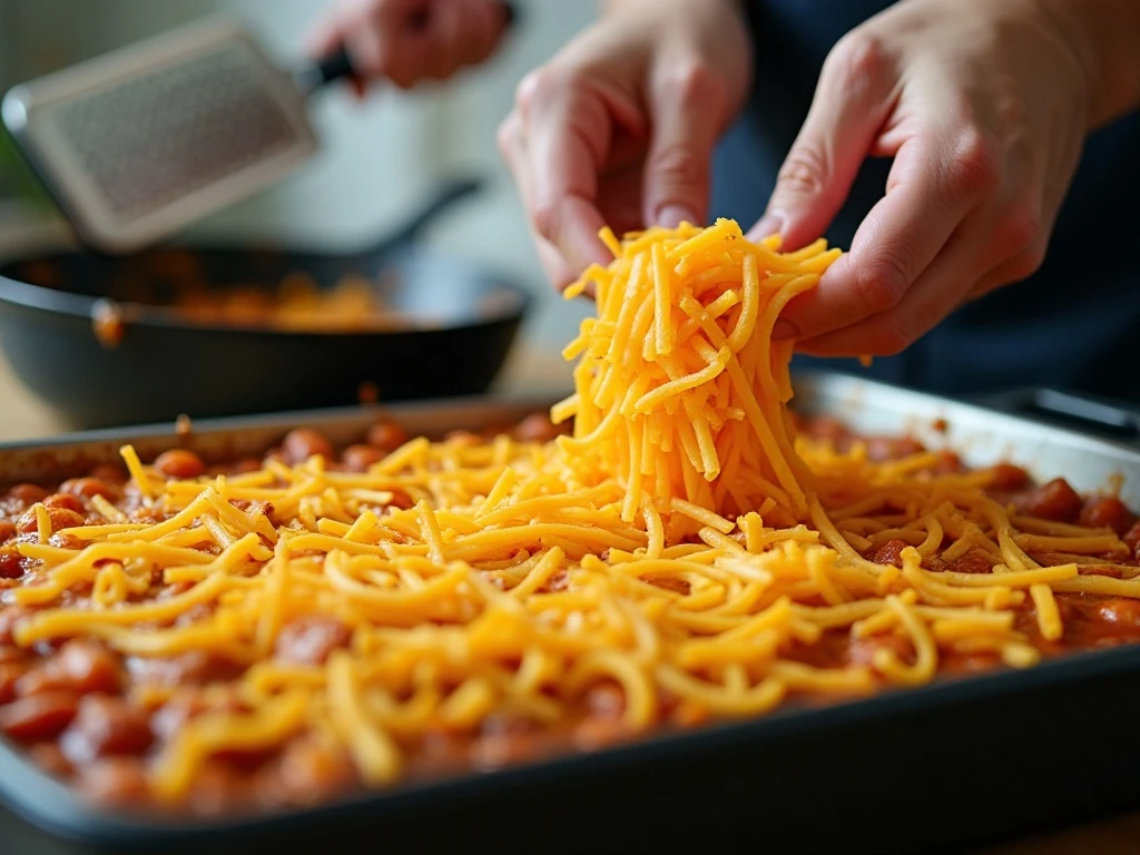 Freshly shredded cheese ready to top taco spaghetti casserole