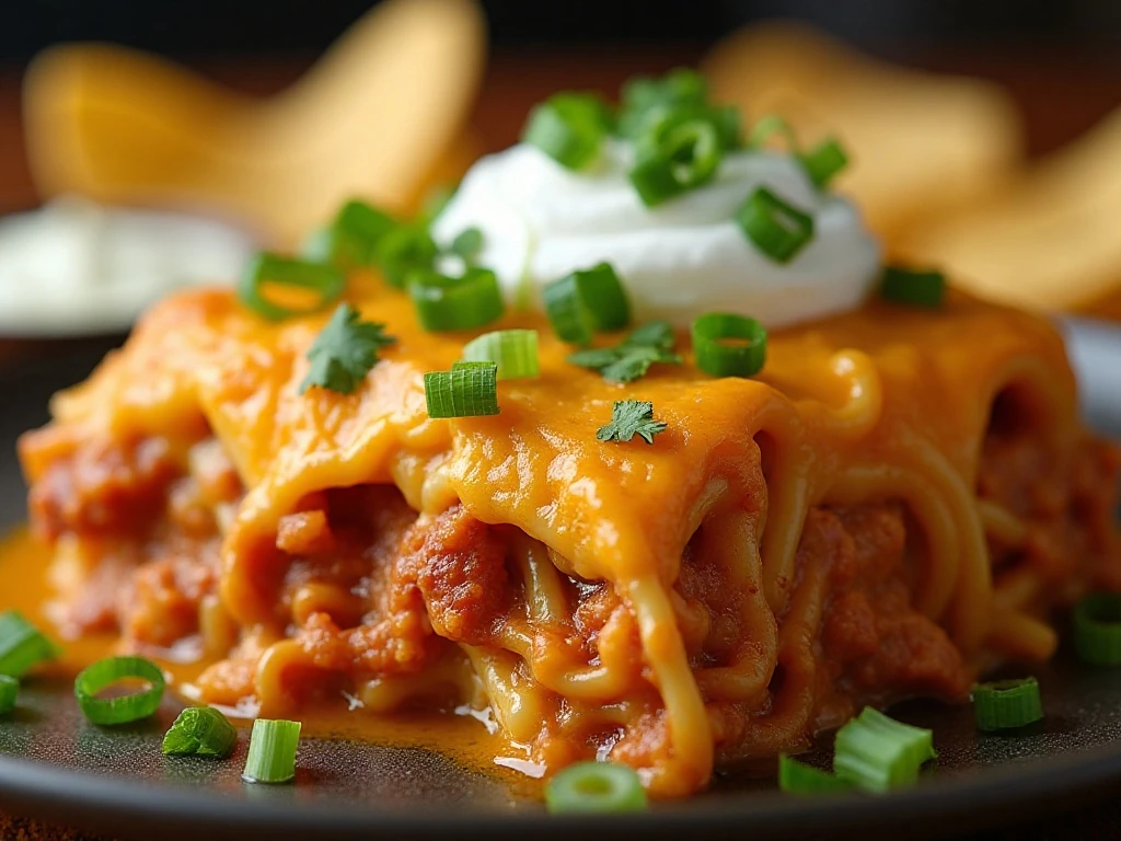 Taco spaghetti casserole garnished with cilantro and green onions