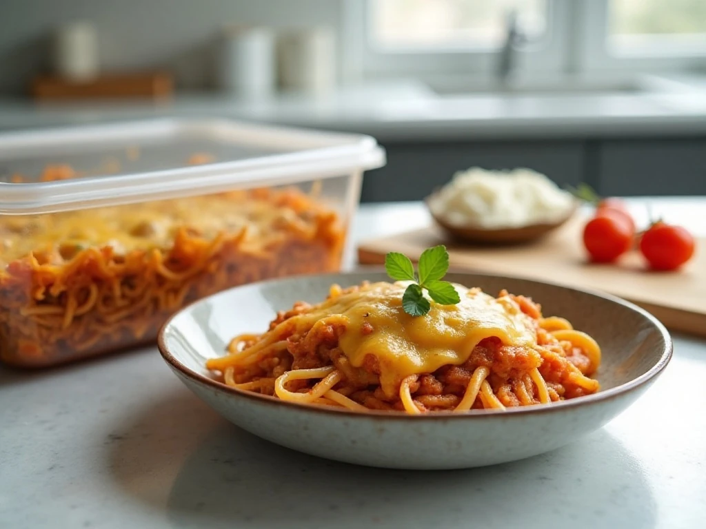 Stored and reheated taco spaghetti casserole portion