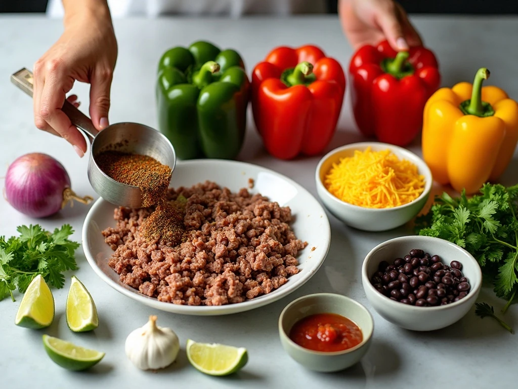 Ingredients for taco-stuffed peppers arranged for cooking