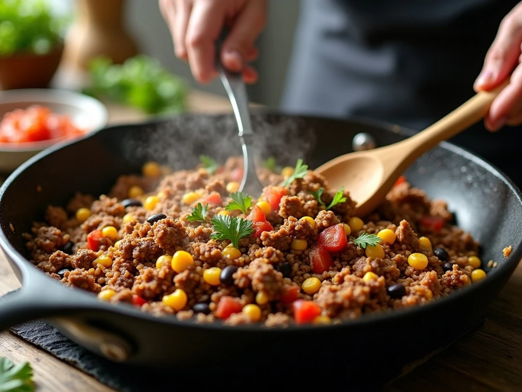 Taco pepper filling simmering in a skillet