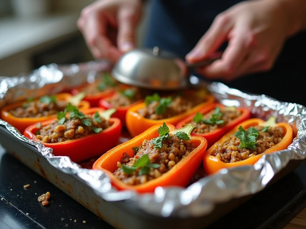 Stuffed peppers prepared for covered baking