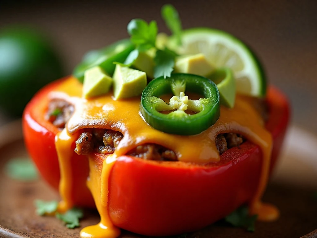 Taco-stuffed pepper with fresh toppings and lime
