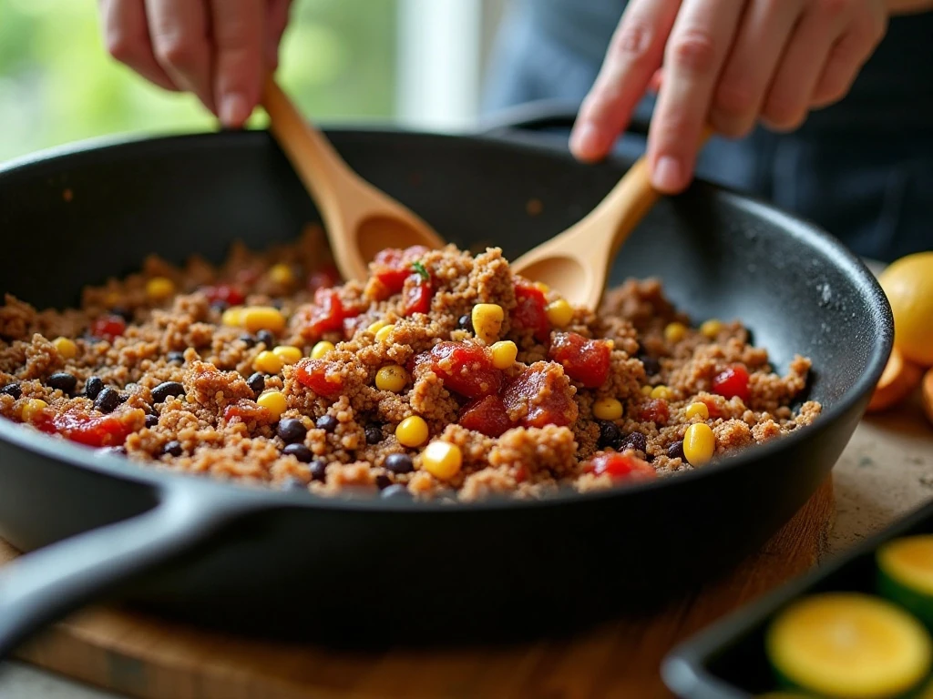 Taco filling being prepared for stuffed poblano peppers