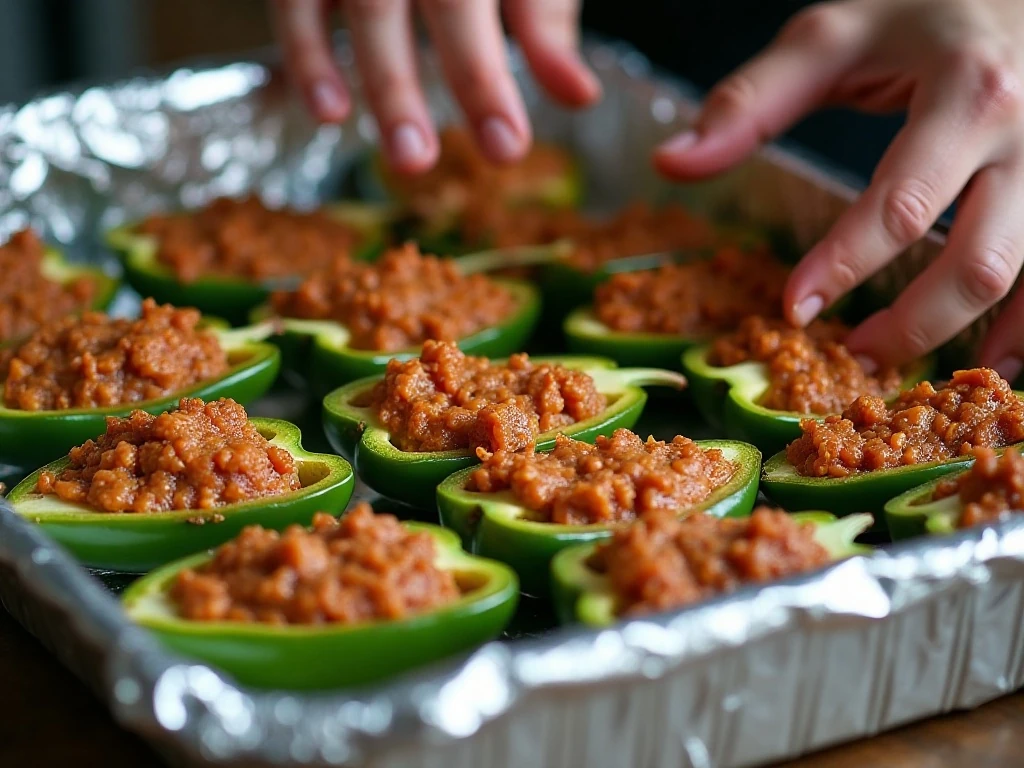 Poblano halves filled with taco mixture before baking