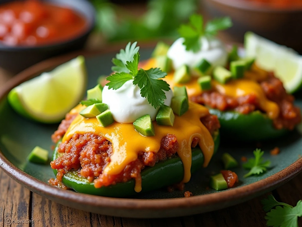 Cheesy stuffed poblano pepper garnished with cilantro, lime, avocado, and sour cream
