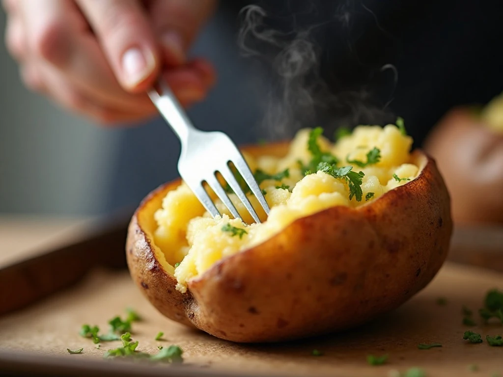 Fluffy baked potato interior with crisp skin