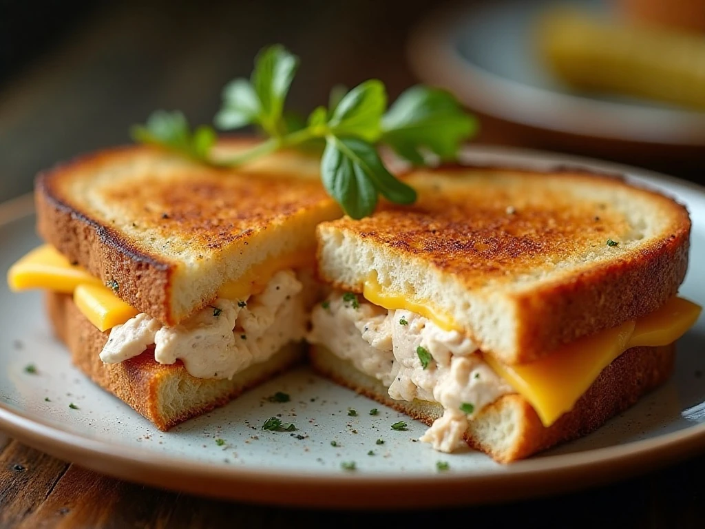 Golden tuna melt sandwiches with melted cheese and creamy tuna filling