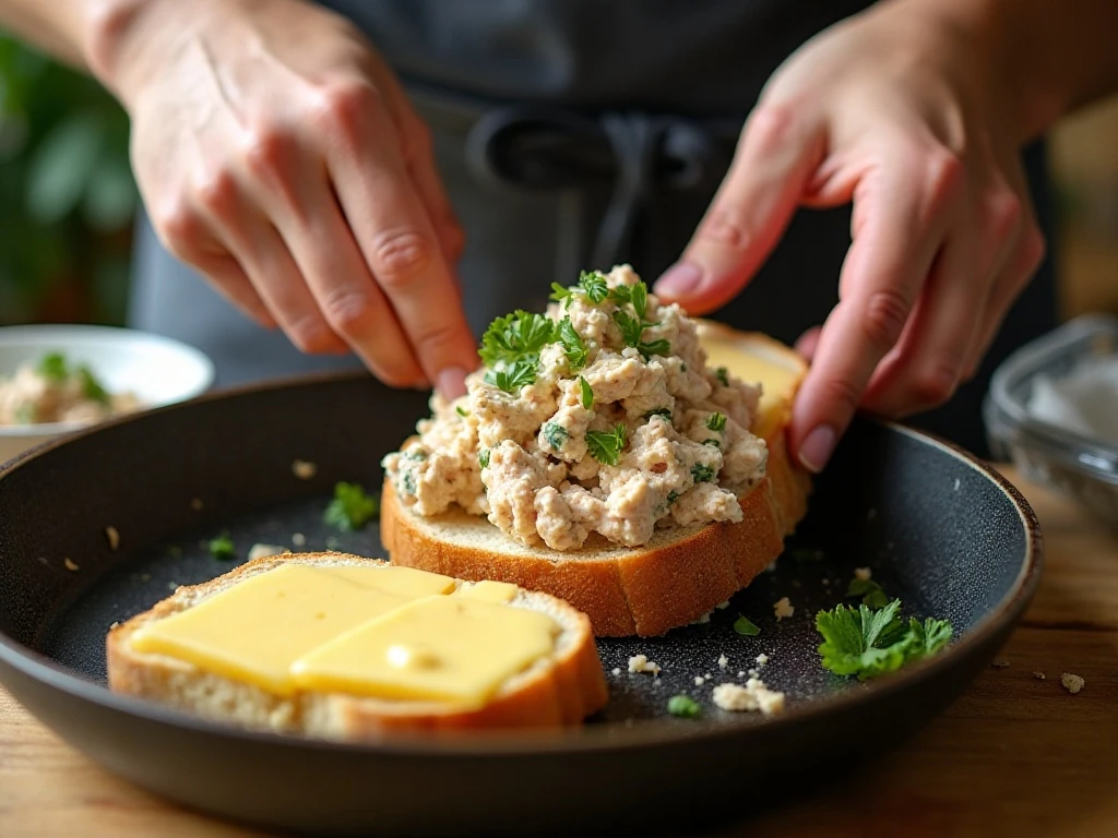 Preparing tuna salad and cheese for a skillet tuna melt