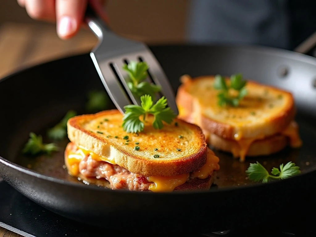 Cooking a tuna melt until the bread is golden and the cheese melts