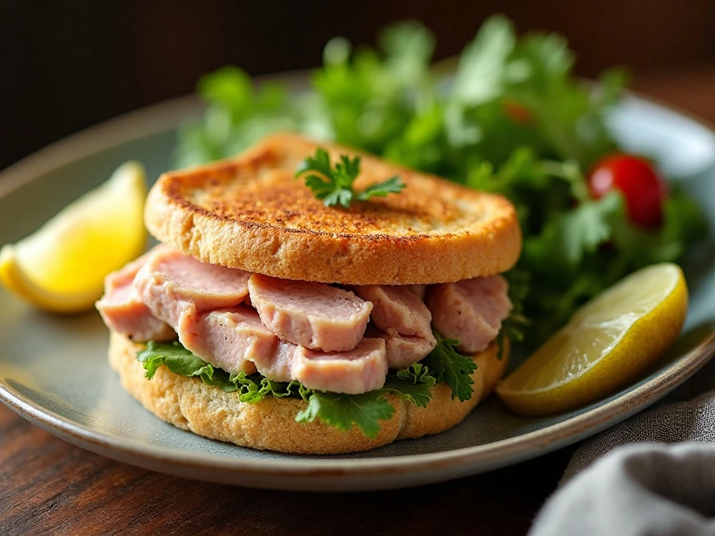 Tuna melt served with salad, pickle, lemon, and fresh herbs
