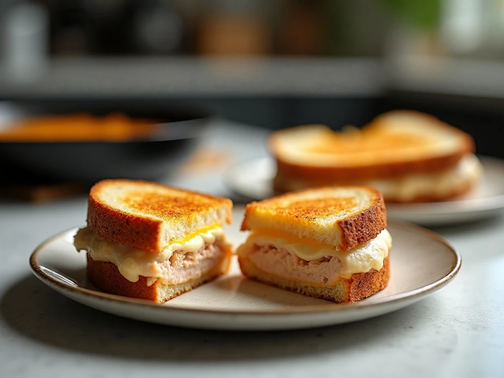 Crisp reheated tuna melt cut into halves on a plate