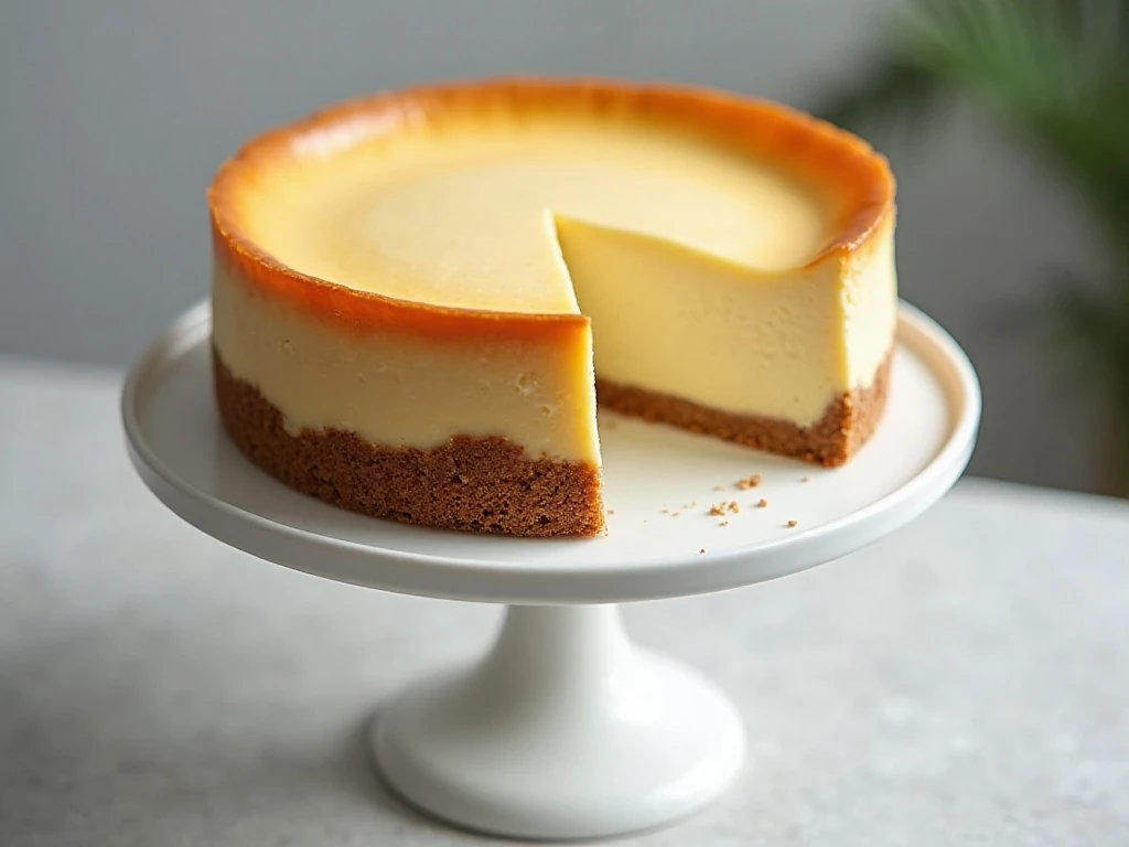 Tall and creamy New York cheesecake on a cake stand