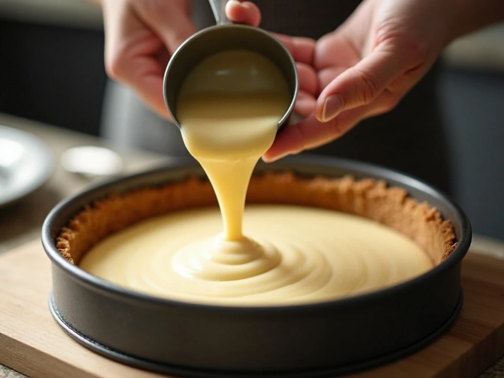 Pouring creamy cheesecake filling over the crust