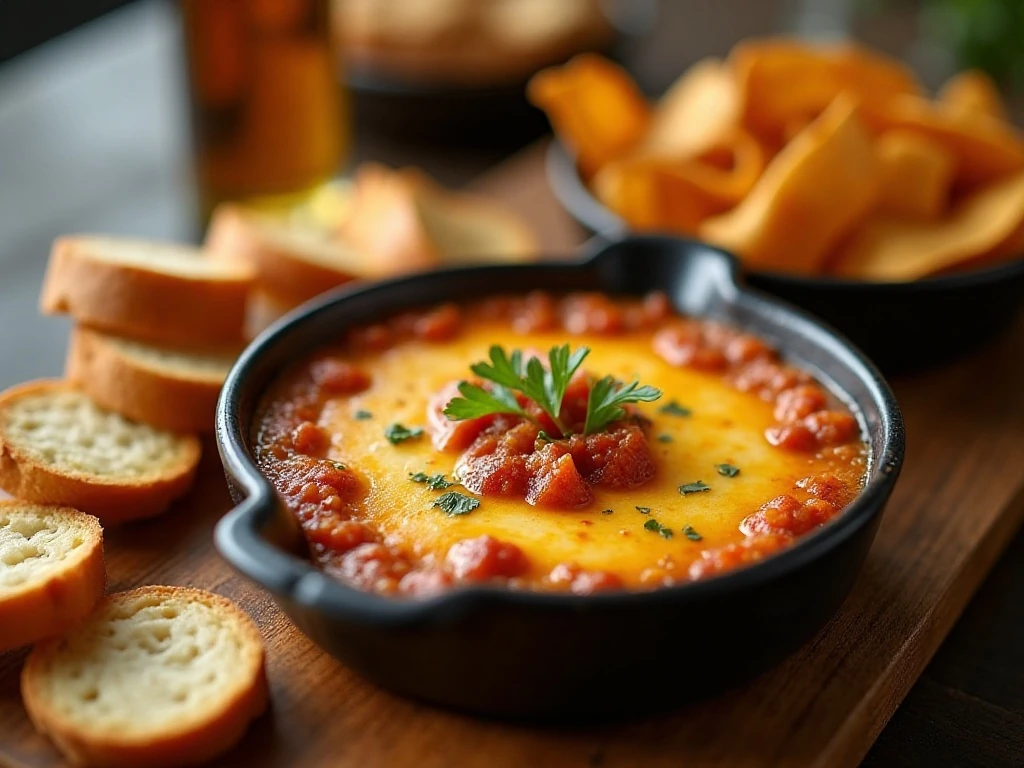 Hot Tampa Cuban dip served with bread, crackers, and plantain chips