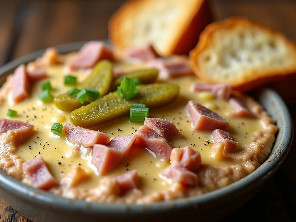 Close-up of melted Swiss cheese and savory Cuban dip texture