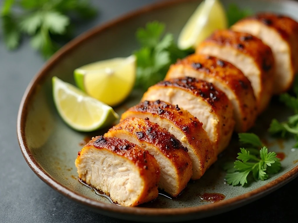 Sliced tangy baked honey lime chicken with lime wedges and cilantro