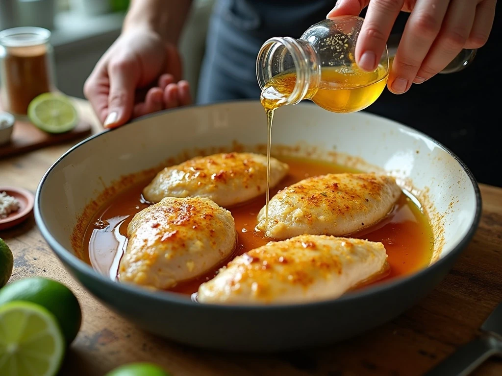Chicken breasts coated in honey lime marinade before baking