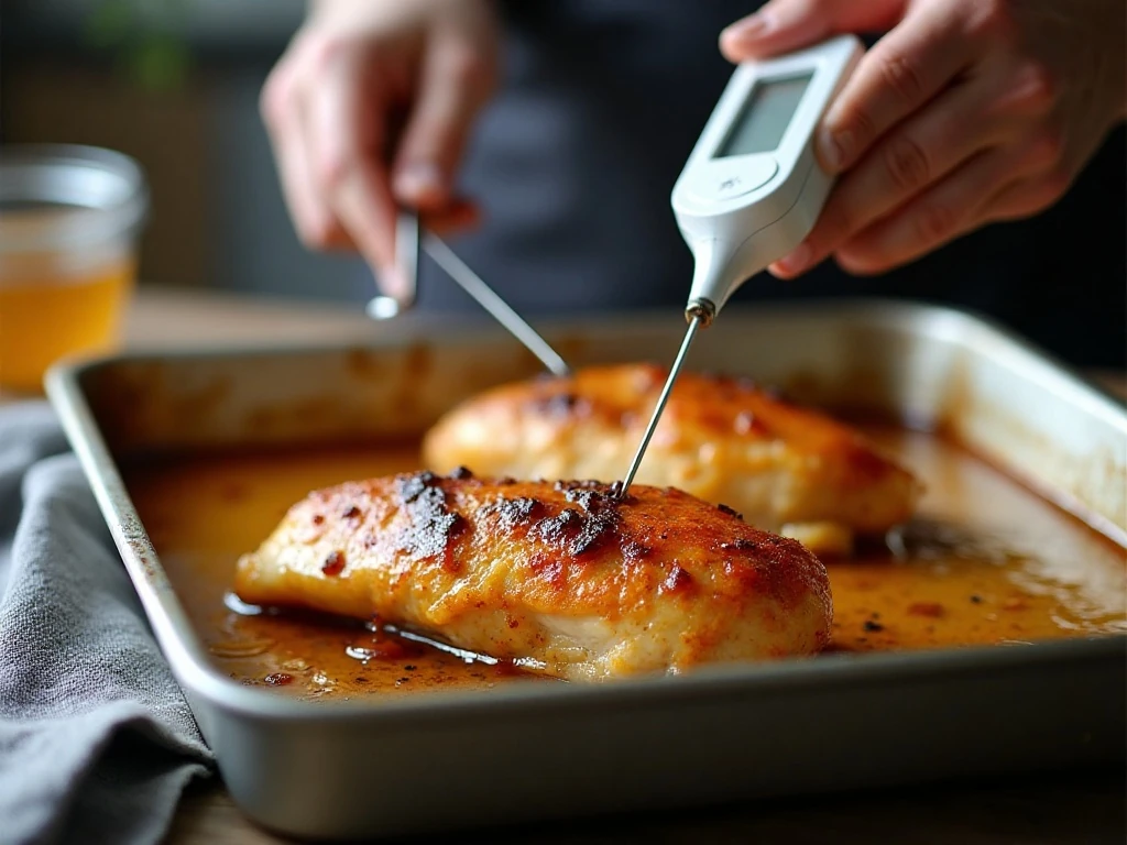 Checking baked honey lime chicken for a 165 degree internal temperature