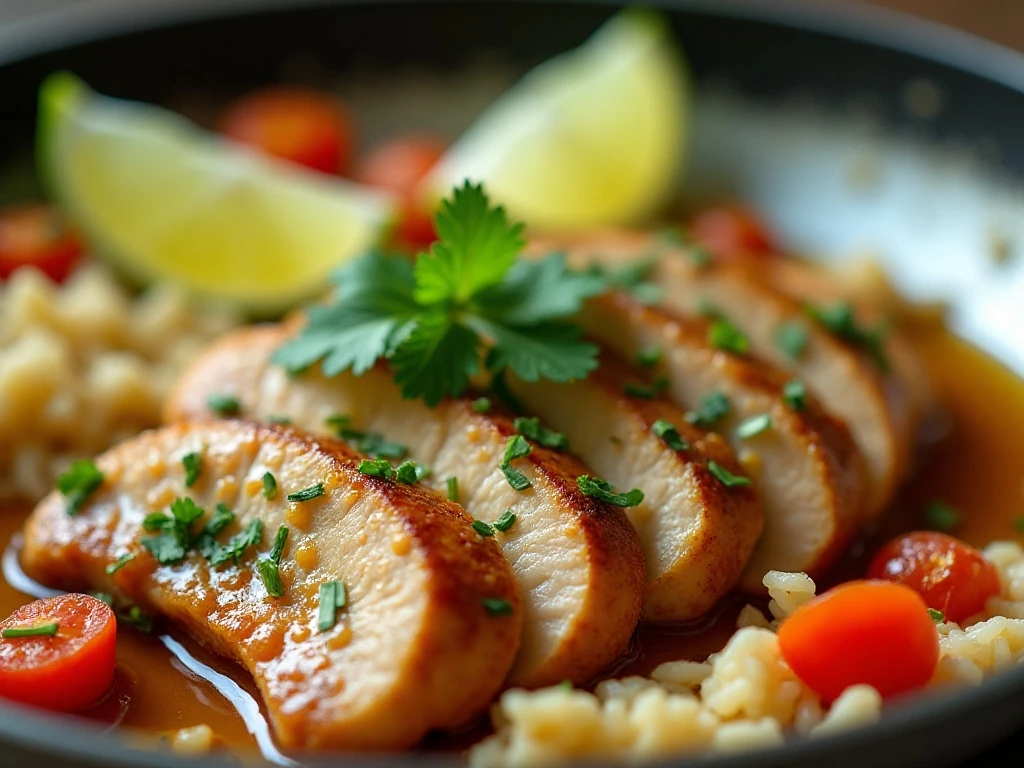 Honey lime chicken garnished with cilantro and lime beside rice and vegetables