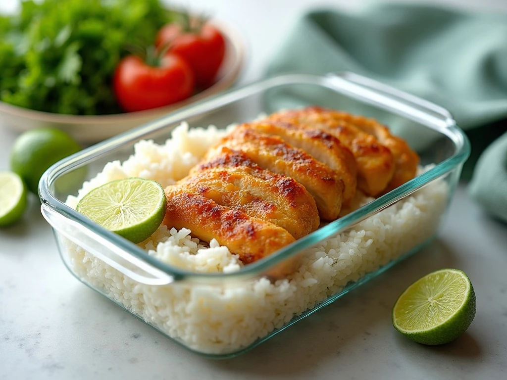 Stored honey lime chicken with rice and vegetables for meal prep