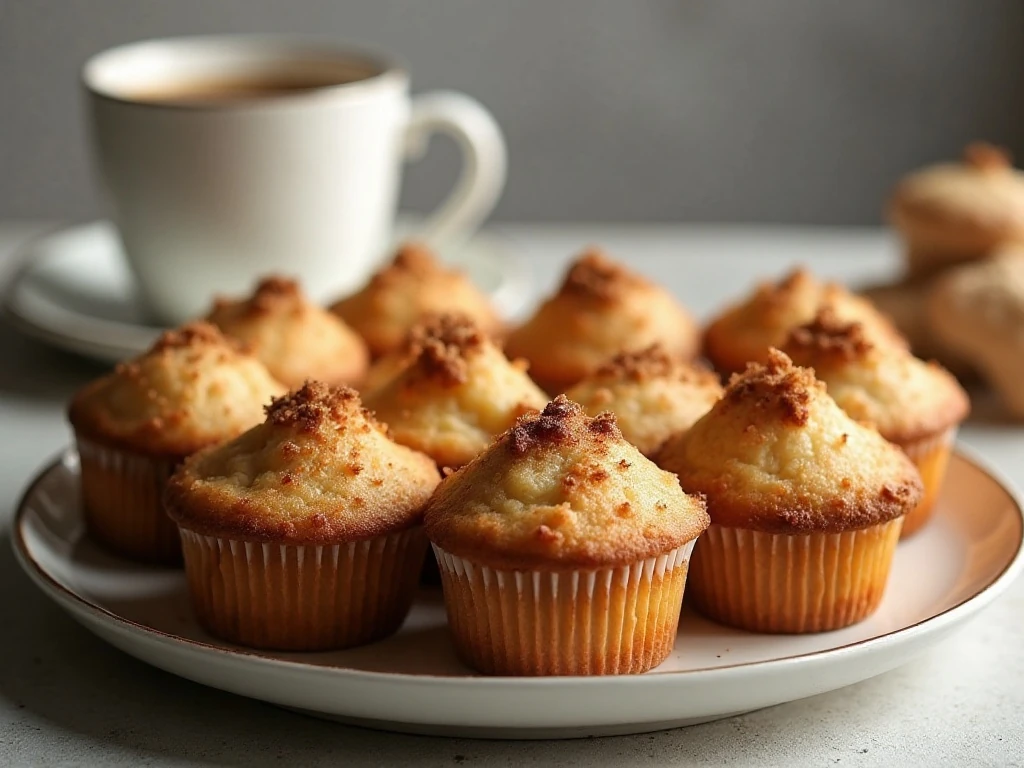 Golden coffee cake muffins with cinnamon crumb topping served for breakfast