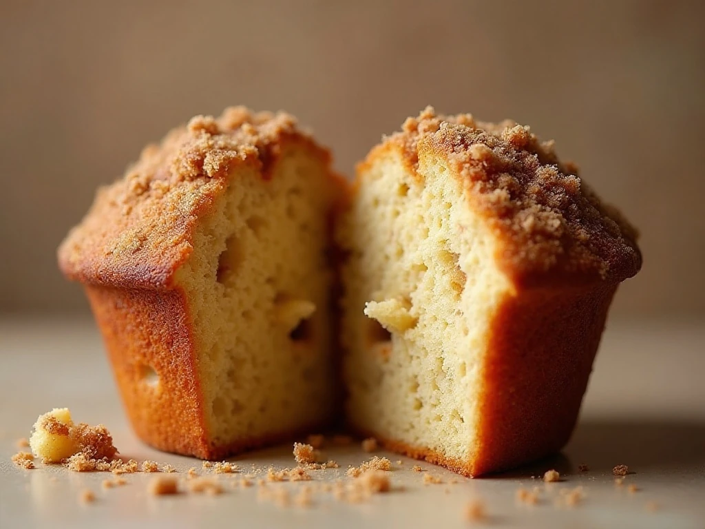 Close-up of tender muffin crumb and buttery cinnamon streusel