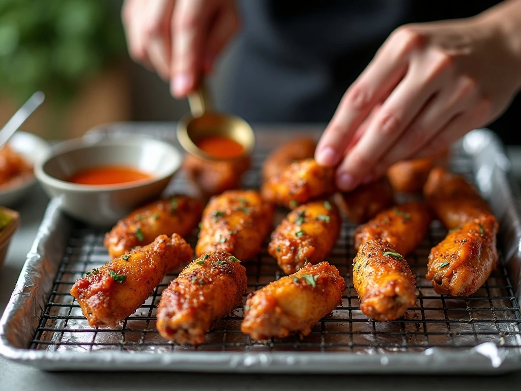 Seasoned chicken wings ready to bake on a wire rack