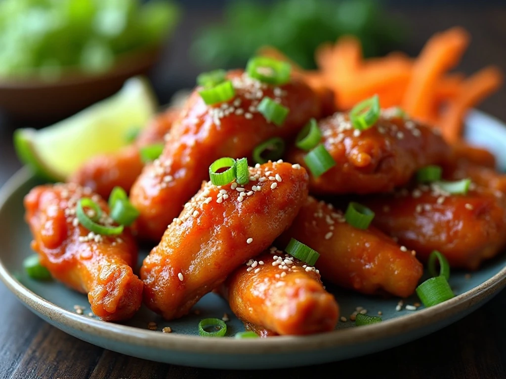 Honey Sriracha wings garnished with green onions and sesame seeds