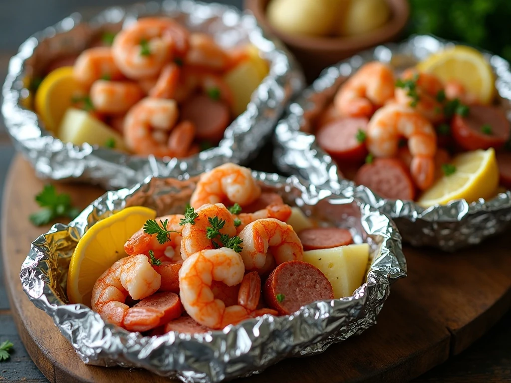Four shrimp boil foil packs served for an easy dinner