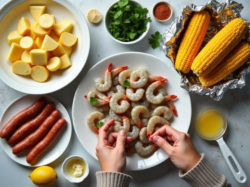 Ingredients for shrimp boil foil packs