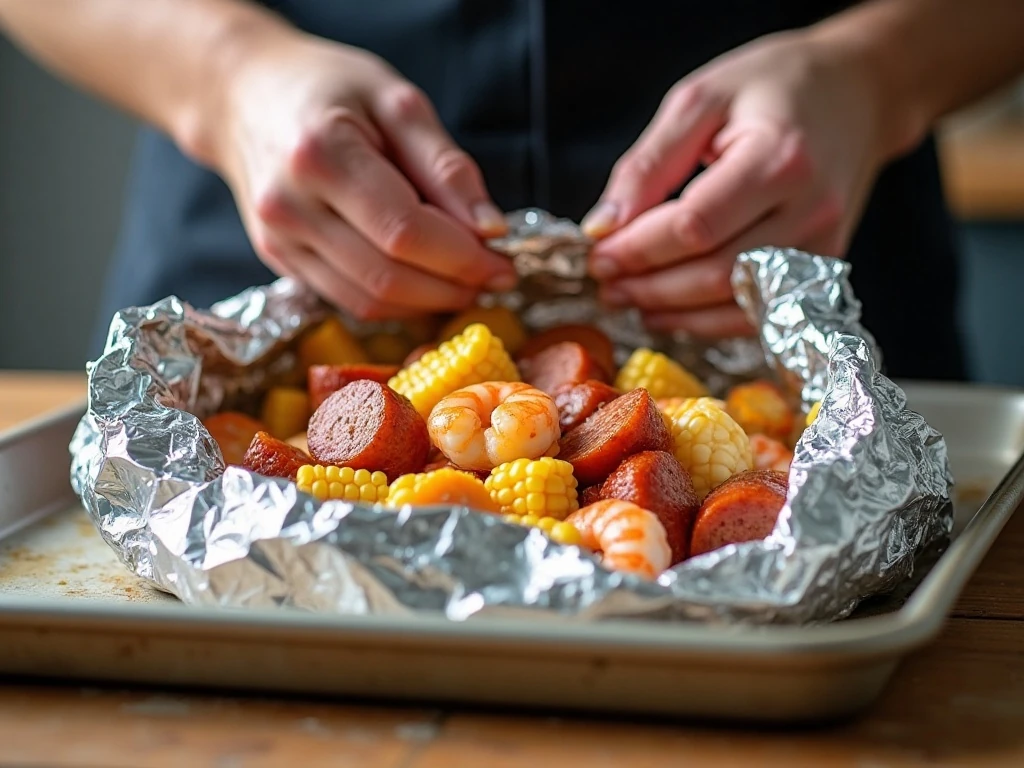 Assembling shrimp boil ingredients in a foil packet