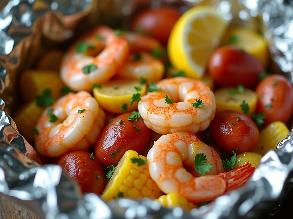 Shrimp boil foil pack finished with parsley and lemon