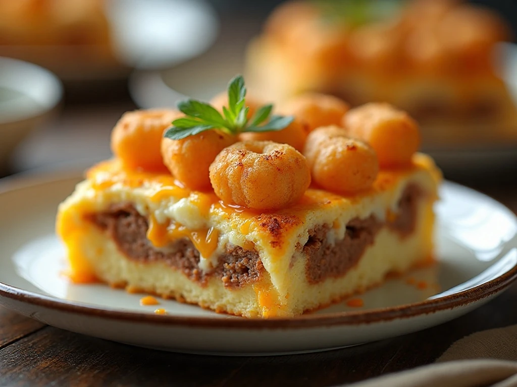 Slice of golden tater tot breakfast casserole served for brunch